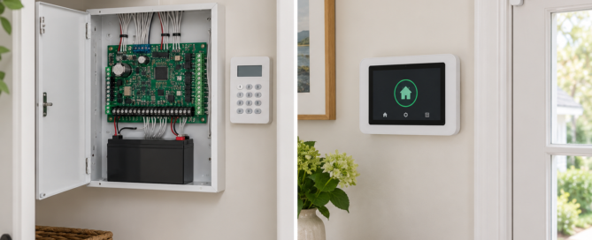 Hardwired alarm control panel and backup battery beside a wireless touchscreen security system and door sensor.