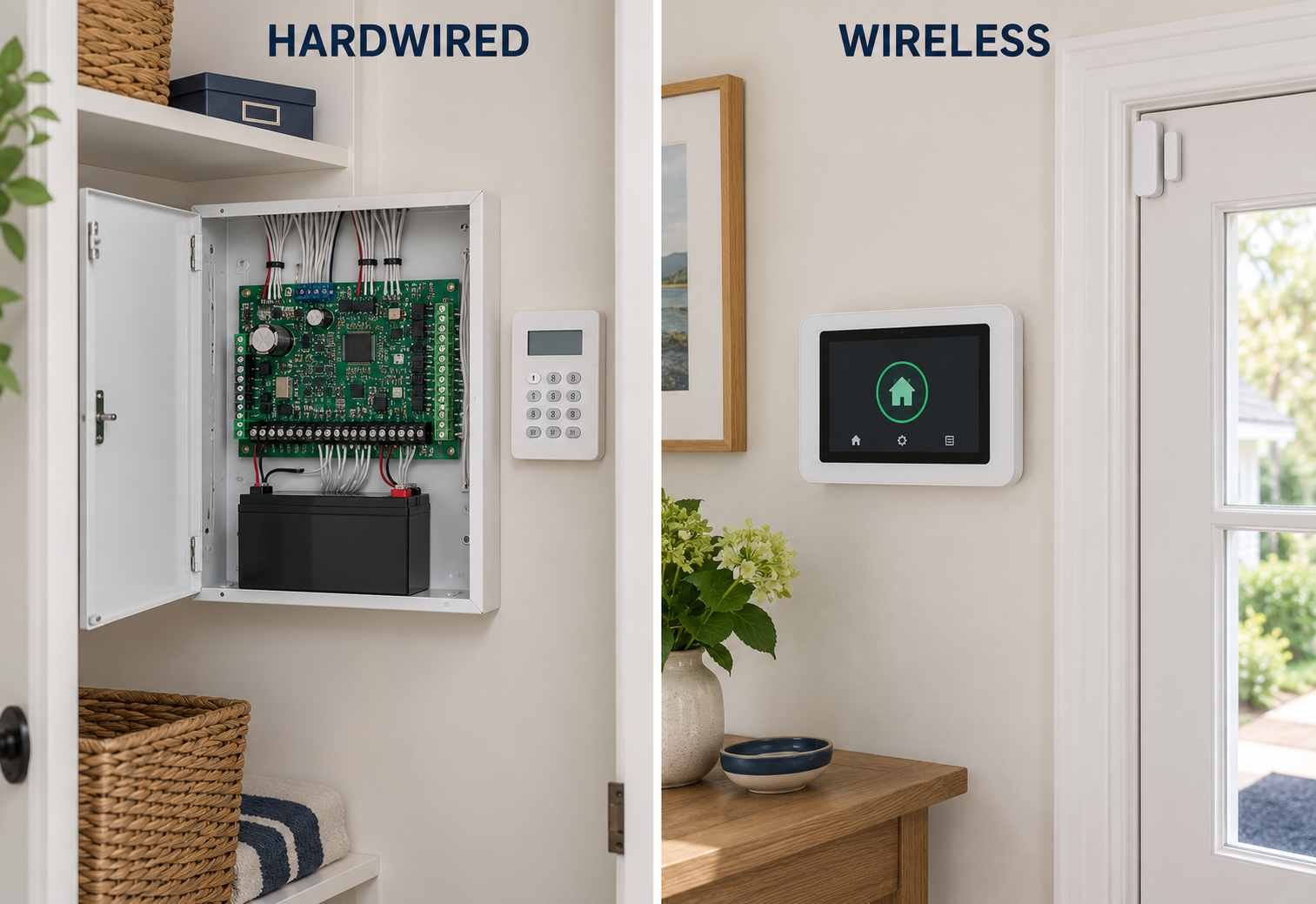 Hardwired alarm control panel and backup battery beside a wireless touchscreen security system and door sensor.
